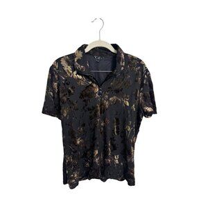 Vintage gold velvet burnout top short sleeve peter pan collar size L whimsy goth